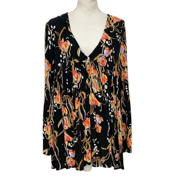 FREE PEOPLE BELLA BLACK FLORAL V-NECK LONG SLEEVE TUNIC TOP - S - Picture 2 of 10